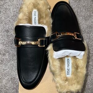 Steve Madden Black and Gold Slip-On Loafers with Polished Finish